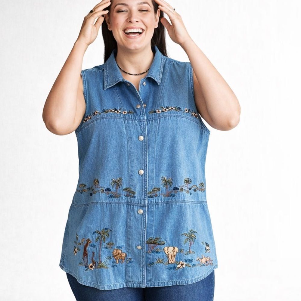 Casey & Max Sleeveless Chambray Embroidered Top Size XL